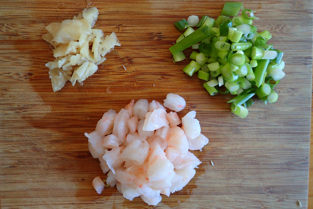 Green onions, prawns and homemade pickled ginger